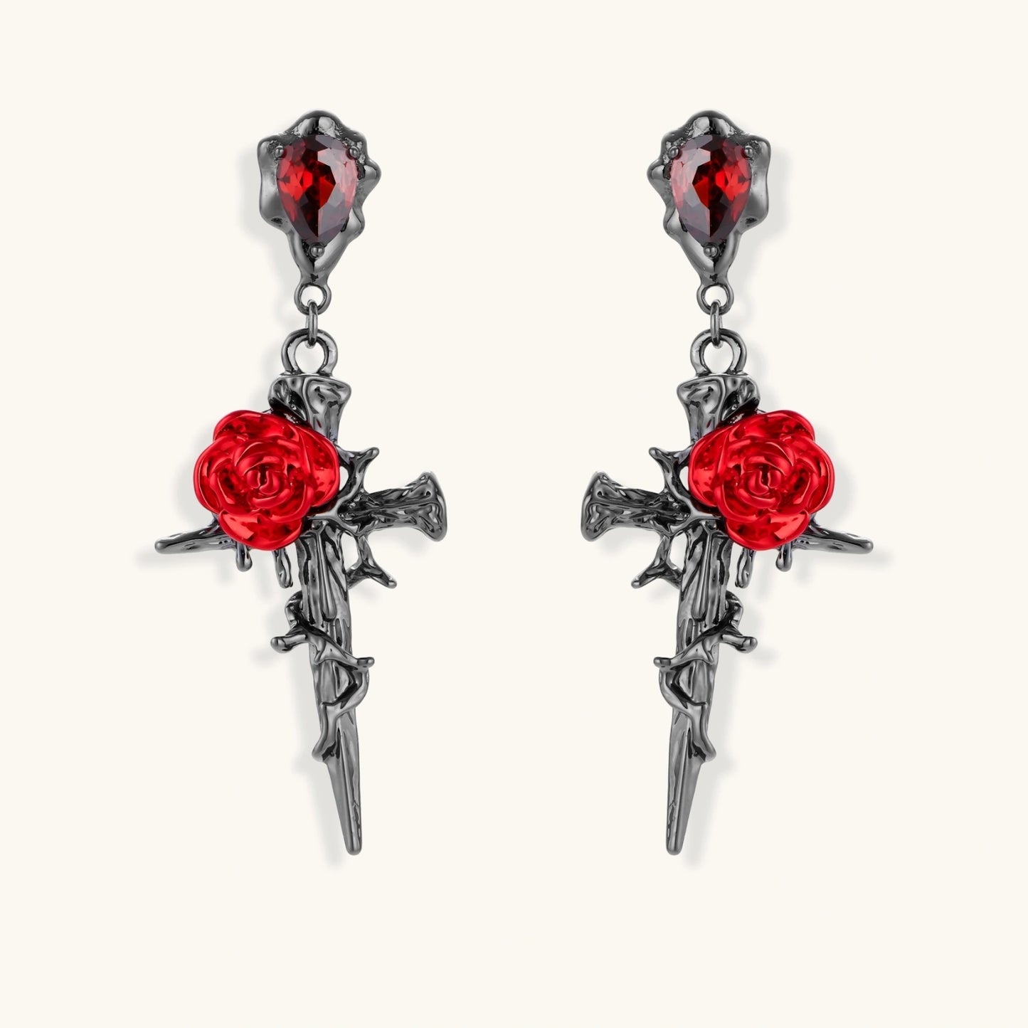 Gothic dagger earrings with red enamel roses and thorny vines in dark gunmetal finish with red zirconia stones