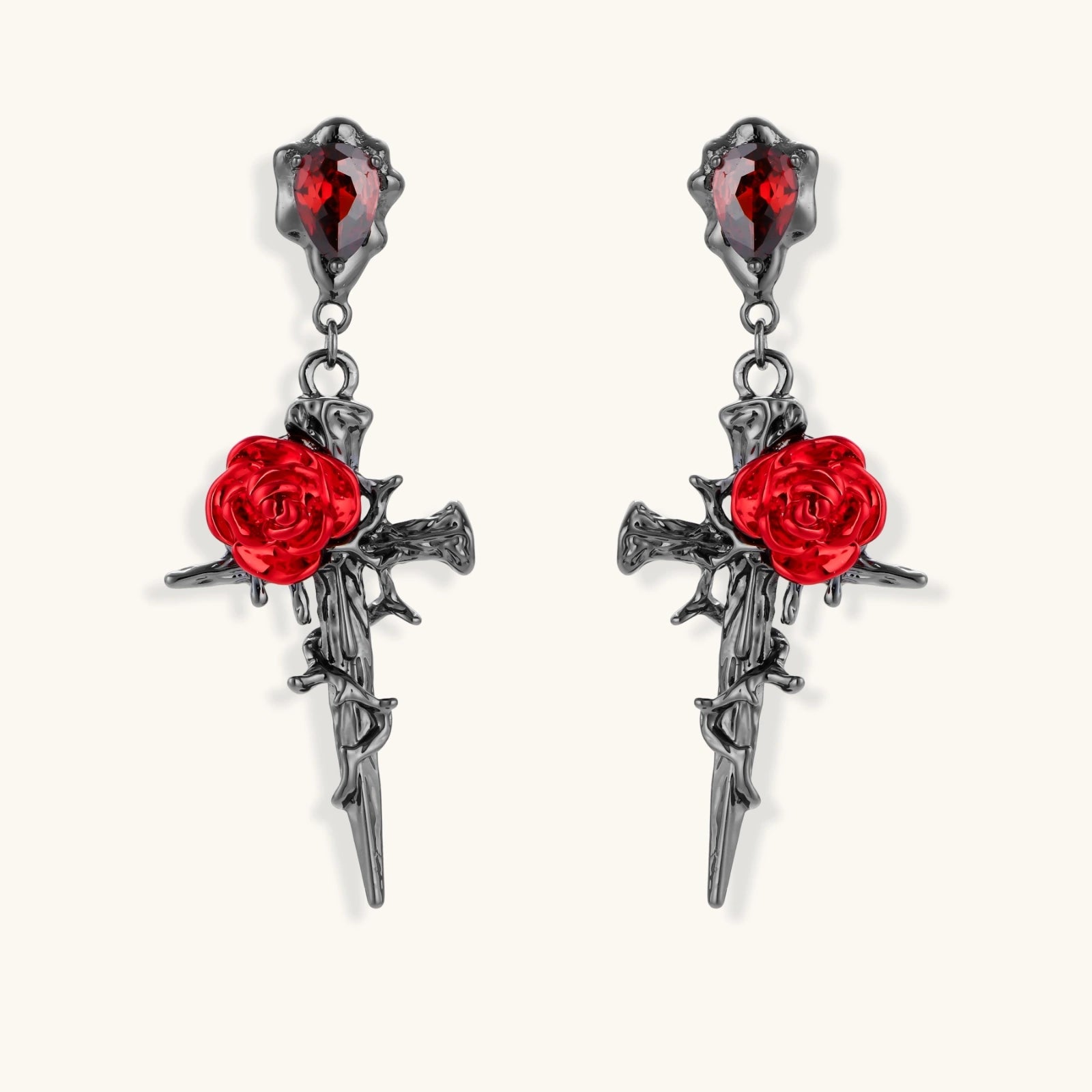 Gothic dagger earrings with red enamel roses and thorny vines in dark gunmetal finish with red zirconia stones